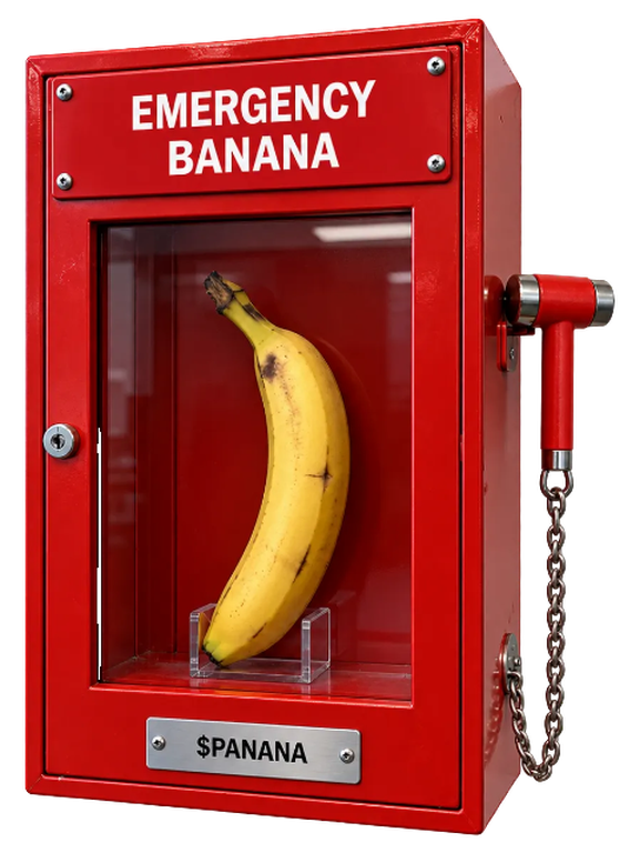 A red wall cabinet labelled Emergency Banana holding a single banana behind glass, with a red hammer chained to its side and a $PANANA plaque