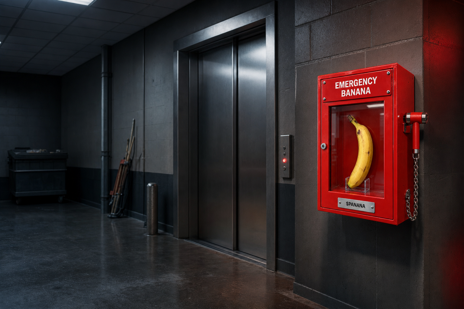 A dim service corridor beside an elevator, the red Emergency Banana cabinet mounted on a concrete pillar
